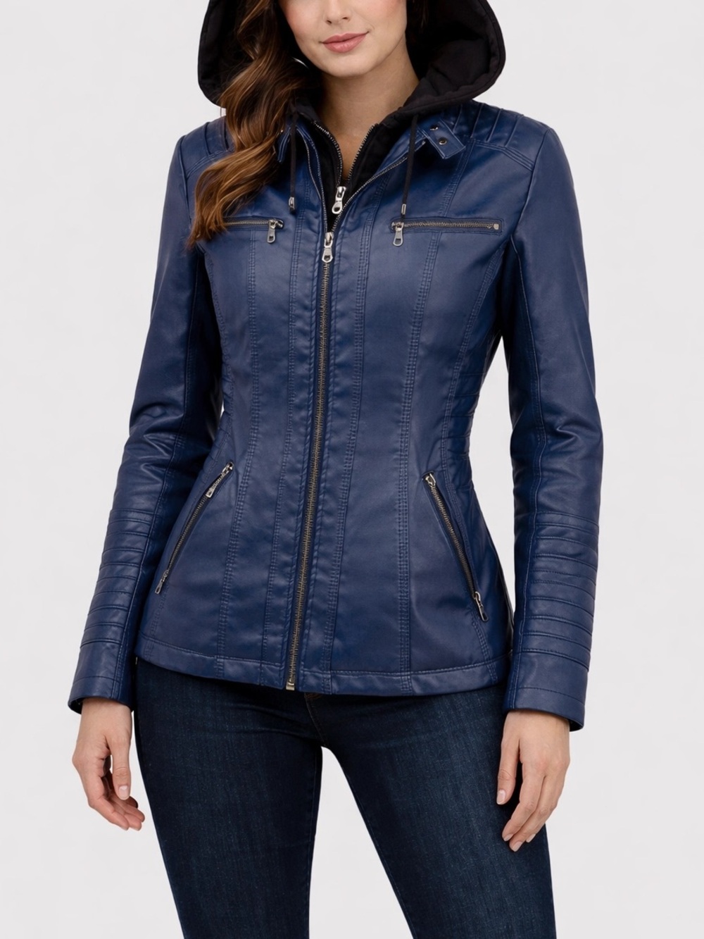 Women's Navy Faux Leather Hooded Jacket
